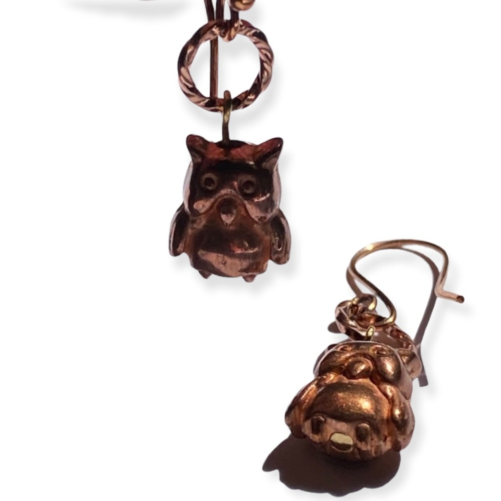 HAND CRAFTED Earrings Owl Copper Dangle Harry Potter Steampunk Hedwig Pierced - Picture 2 of 4
